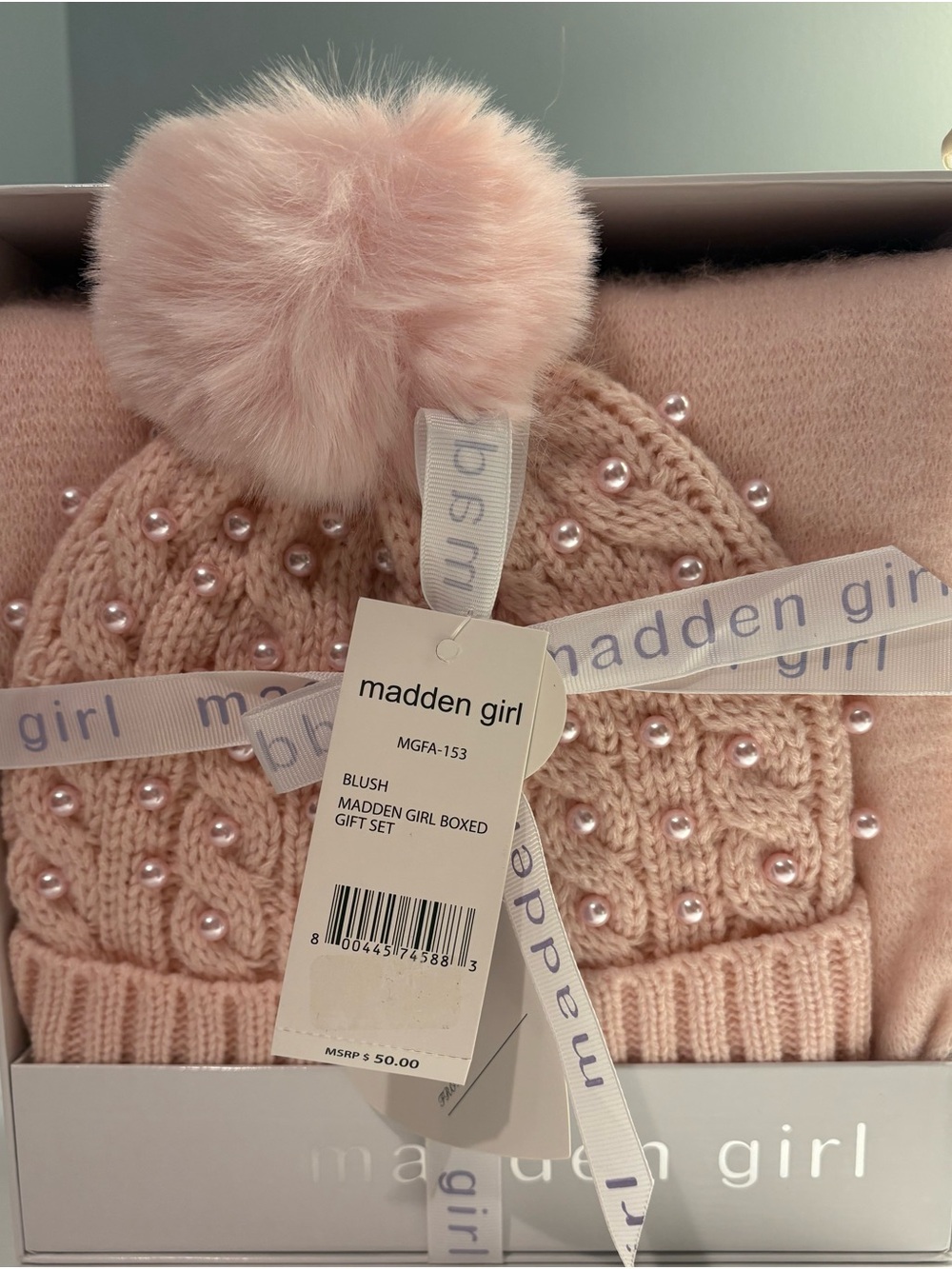 Madden Girl Blush Knit Beanie & Scarf Set with Faux Fur Pom